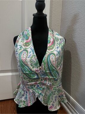 NWT Milk & Honey Paisley Halter Top - Vibrant Floral Peplum Blouse - Size L